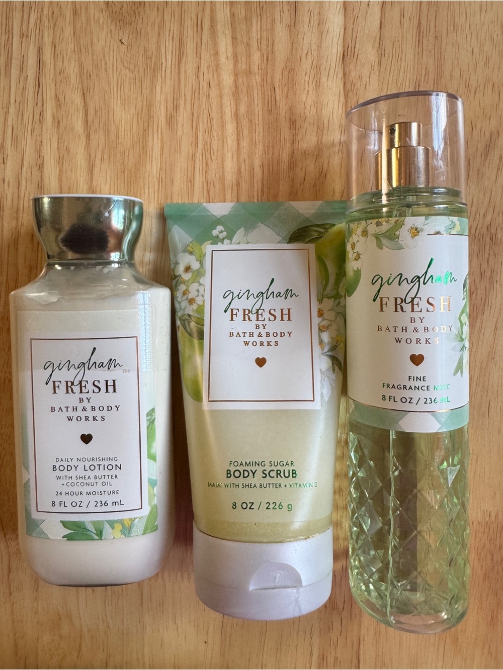 Bath & Body Works Gingham Fresh Body Lotion, Scrub & Mist - White, Green, Gold